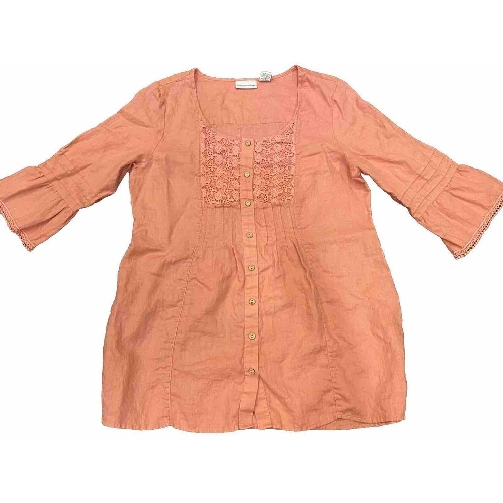 Soft Surroundings Longer Length 3/4 Length Sleeve Pink Linen Blouse Medium